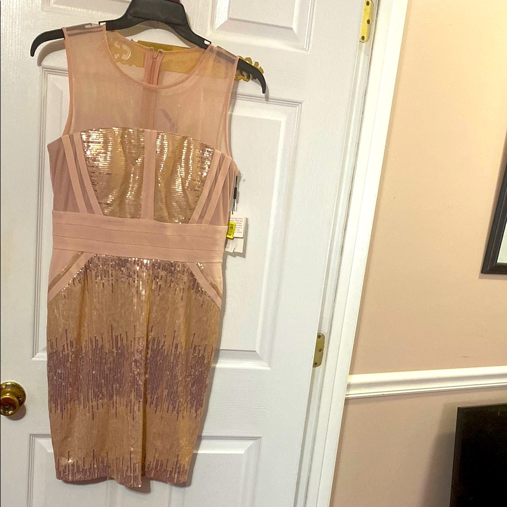 Calvin Klein ladies elegant sequin glitter and mesh pink dress; size: 10